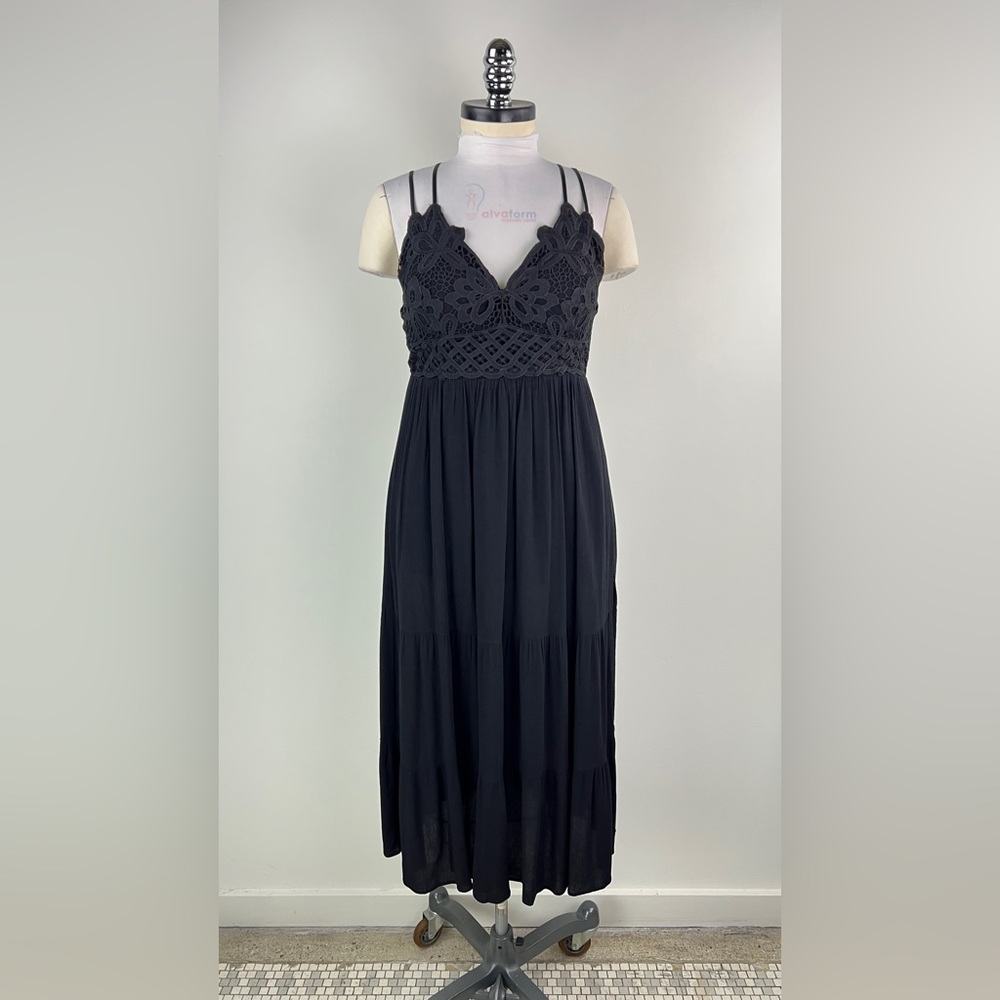 💚 3513. Strap Midi Side Slit Black Dress